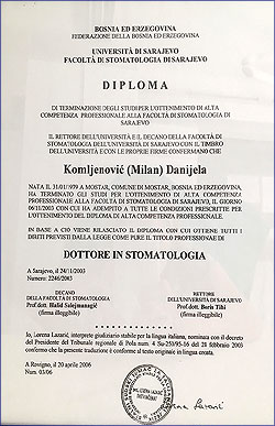 Diploma Daniela Komljenovic Zahnärztin in Poliklinik Adriatic Dent in Rovinj