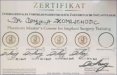 Diploma Daniela Komljenovic Zahnärztin in Poliklinik Adriatic Dent in Rovinj